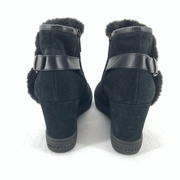 Aquatalia Christa Wedge Booties Womens 10 Black Suede Leather Faux Fur Cozy Glam - Picture 2 of 11
